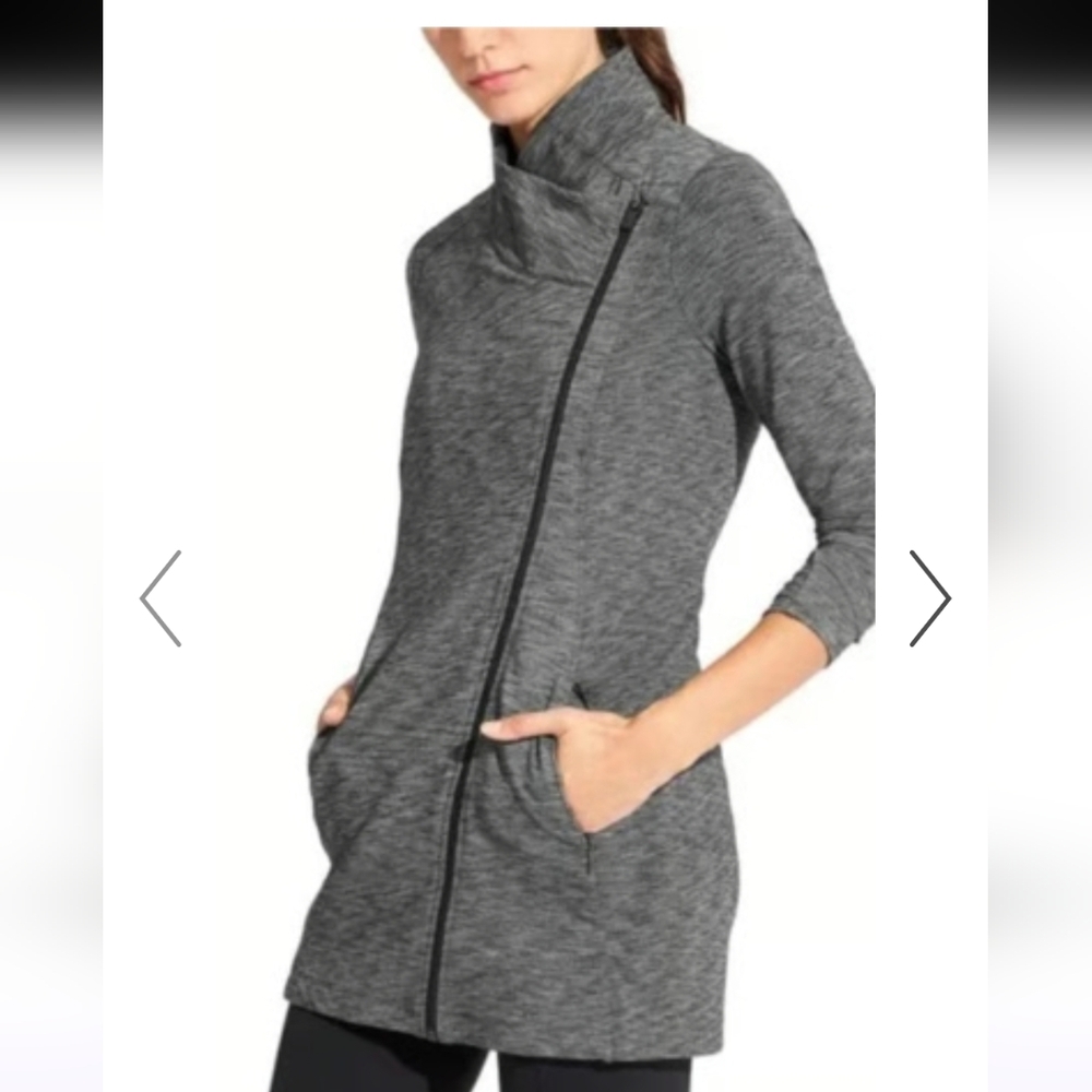 Athleta Intention Long Jacket Asymmetrical Charcoal Zip-Front Size S.